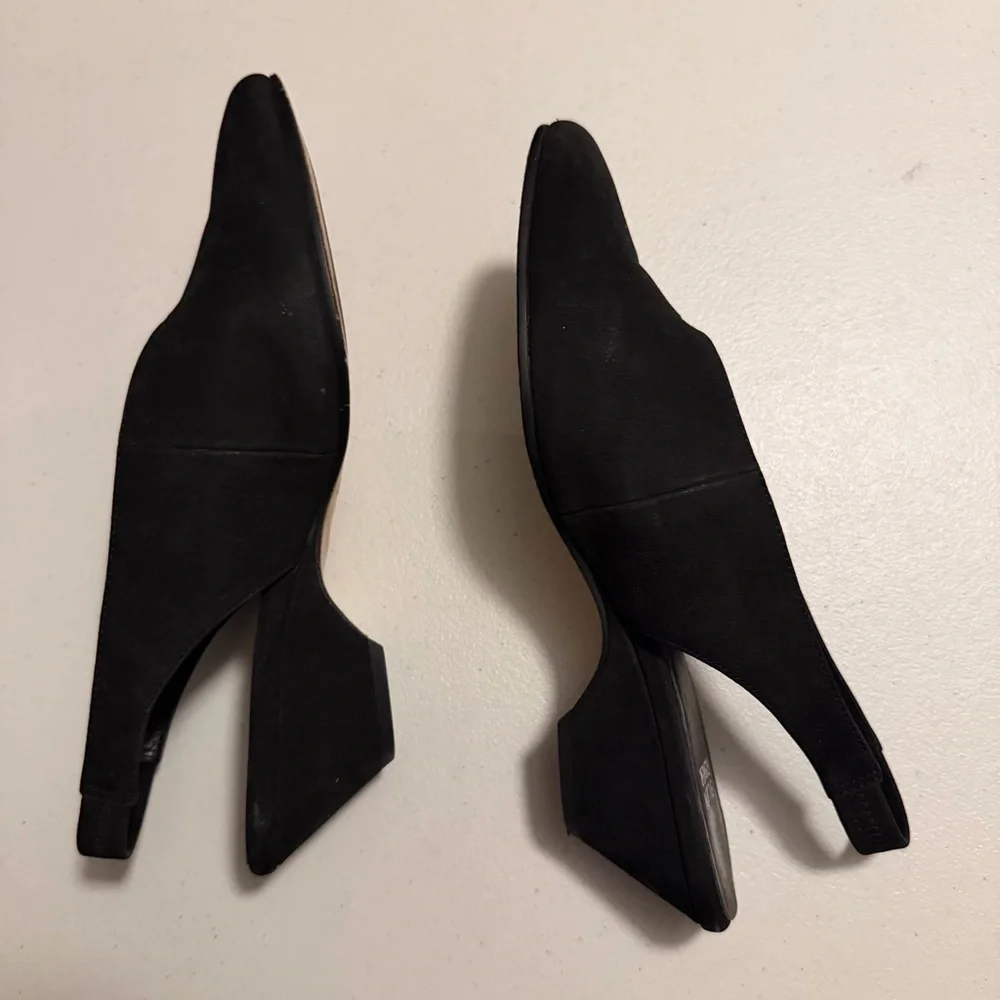 Eileen Fisher Gatwick Suede Slingback Wedge Sandals Shoes Pointed Toe Black 8